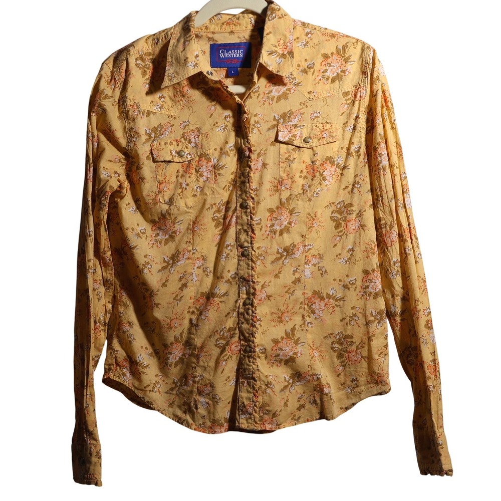 Womens Yellow Floral Pearl Snap‎ Ruffled Long Sleeve Top L Country Western Rodeo